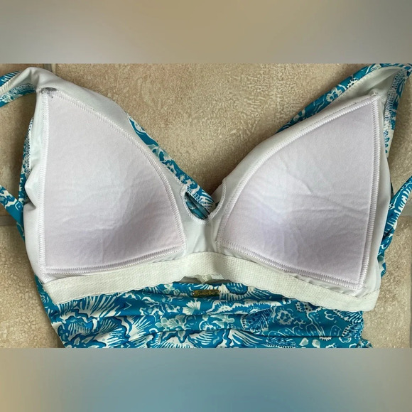 Lands End 1pc Swimsuit Women 4 Blue White Floral Twist Pad Bra Draped Tropical - Picture 5 of 7